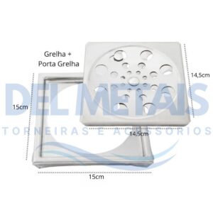 Ralo Completo Quadrado – Grelha + Caixilho em Inox Cromado 15×15 cm