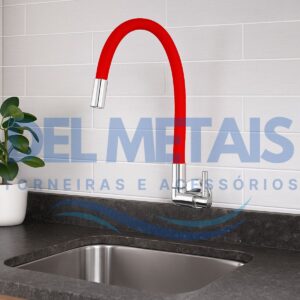 Torneira Gourmet Bica Móvel Para Parede de Cozinha Com Tubo Vermelho Flexível
