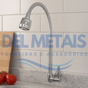 Torneira Gourmet Bica Móvel Para Parede de Cozinha Com Tubo Cromado Flexível Tipo Chuveirinho