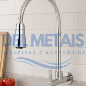 Torneira Gourmet Bica Móvel Para Parede de Cozinha Com Tubo Cone Cromado Flexível