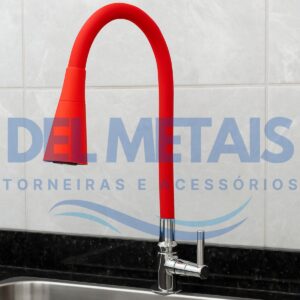 Torneira Gourmet Bica Móvel Para Bancada de Cozinha Com Tubo Cone Vermelho Flexível