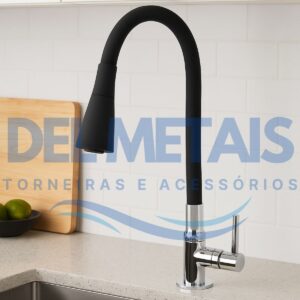Torneira Gourmet Bica Móvel Para Bancada de Cozinha Com Tubo Cone Preto Flexível