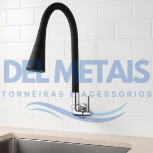 Torneira Gourmet Bica Móvel Para Parede de Cozinha Com Tubo Cone Preto Flexível