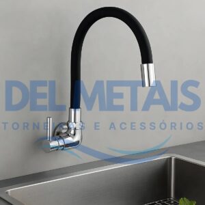 Torneira Gourmet Bica Móvel Para Parede de Cozinha Com Tubo Preto Flexível