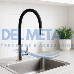 Torneira Gourmet Bica Móvel Para Bancada de Cozinha Com Tubo Preto Flexível